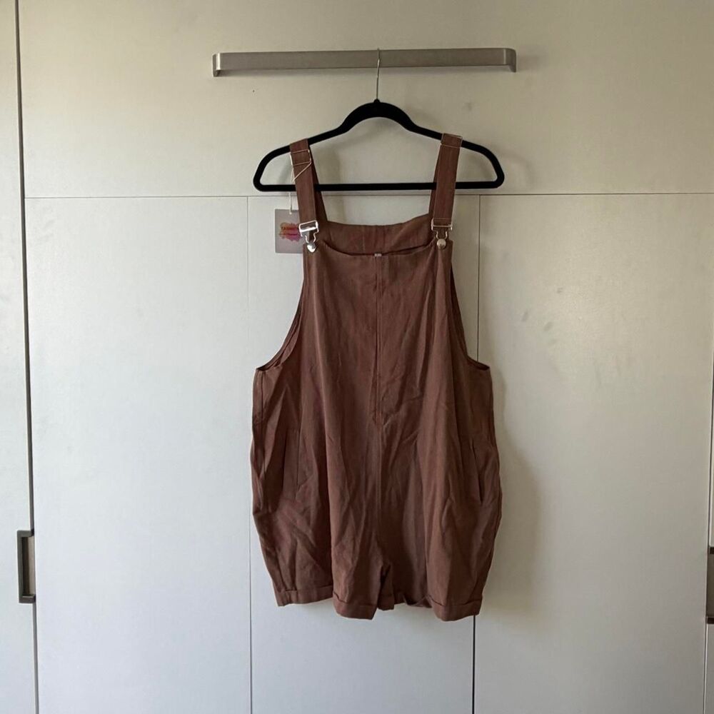 Brown Cotton Linen Oversized Shortalls Romper L
